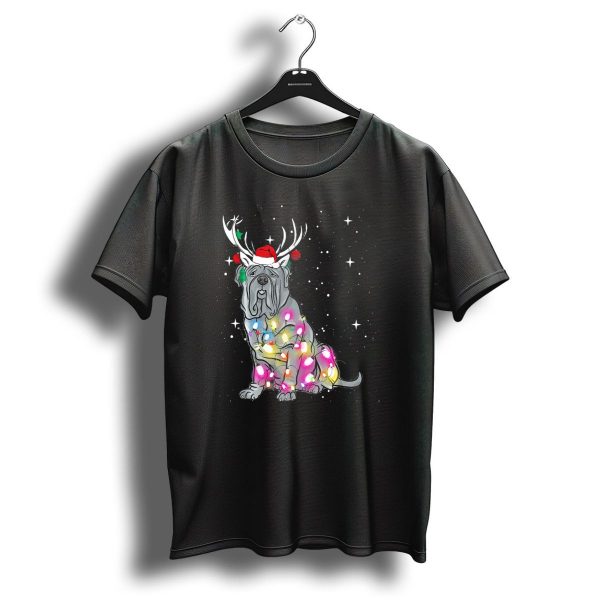 Neapolitan Mastiff With Christmas Lights And Santa Hat In Snowy Night T Shirt 1 t shirt 1