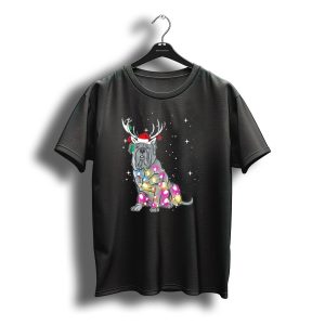 Neapolitan Mastiff With Christmas Lights And Santa Hat In Snowy Night T-Shirt