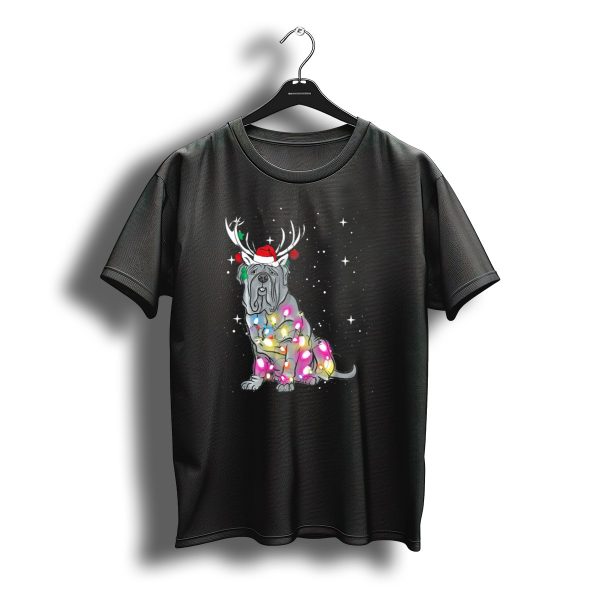 Neapolitan Mastiff With Christmas Lights And Santa Hat In Snowy Night T Shirt t shirt 1