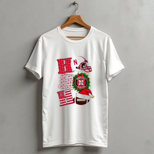Nebraska Cornhuskers Ho Ho Ho Christmas Football Helmet Wreath Santa Hat Football T Shirt 1 t shirt 1