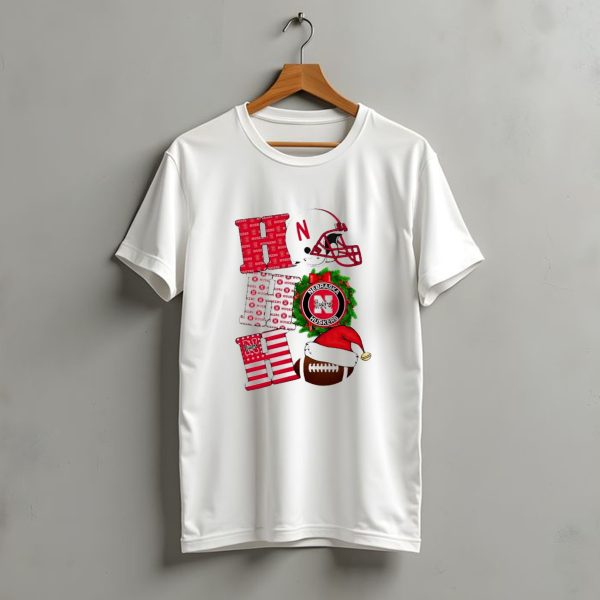 Nebraska Cornhuskers Ho Ho Ho Christmas Football Helmet Wreath Santa Hat Football T Shirt t shirt 1