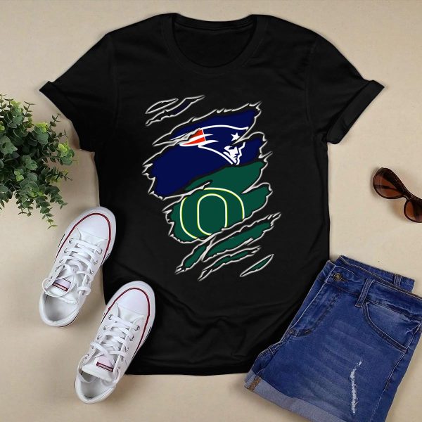 New England Patriots and Oregon Ducks Logos Torn Claw Marks Display T Shirt 1