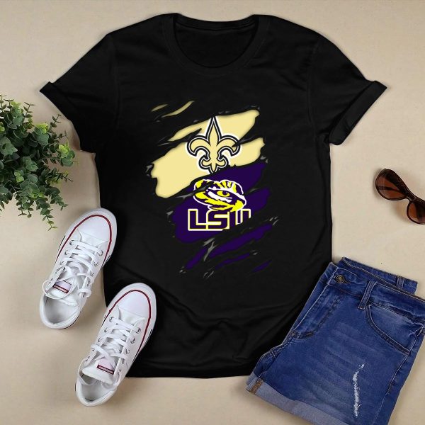 New Orleans Saints Fleur De Lis And Lsu Tigers Logo Blend T Shirt Black 1