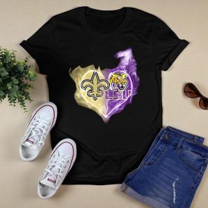 New Orleans Saints Fleur De Lis And Lsu Tigers Logo Heart T-Shirt