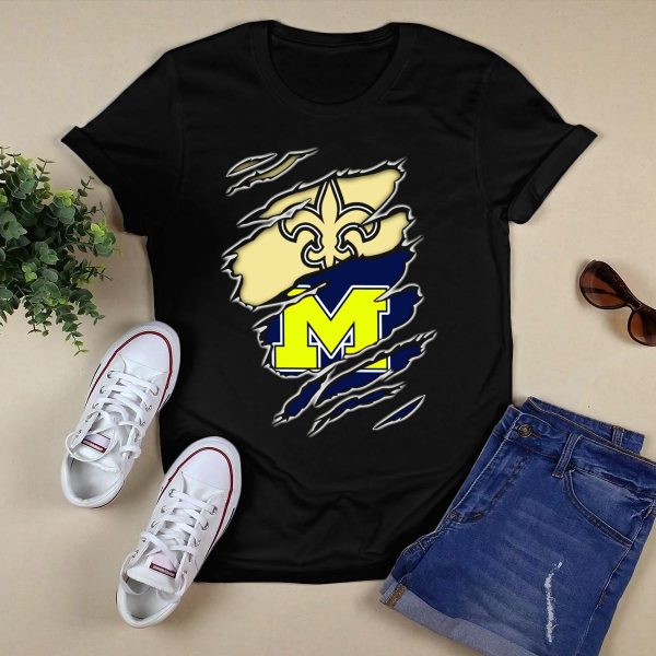 New Orleans Saints Fleur De Lis and Michigan Wolverines M Logo Ripped T Shirt Black 1