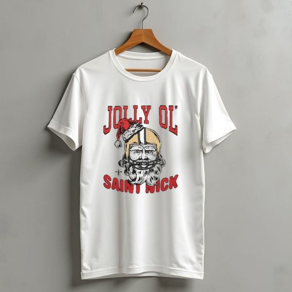 New Orleans Saints Jolly Ol Saint Nick With Santa Hat And Fleur De Lis Football Helmet Christmas T Shirt 1 t shirt 1