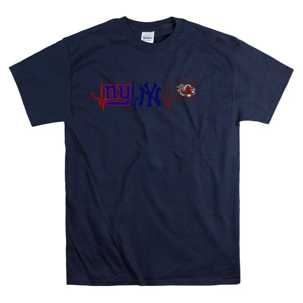 New York Giants New York Yankees South Carolina Gamecocks Heartbeat T Shirt 1 Navy