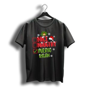 Nice Naughty Puerto Rican Christmas Checkboxes Santa Hat Snowflakes T-Shirt
