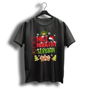 Nice Naughty Serbian Christmas Checklist Gingerbread House Pine Trees T-Shirt