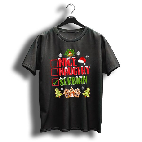 Nice Naughty Serbian Christmas Checklist Gingerbread House Pine Trees T Shirt 1 t shirt 1