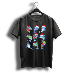Nine Festive Dolphins In Christmas Costume With Santa Hats T Shirt
