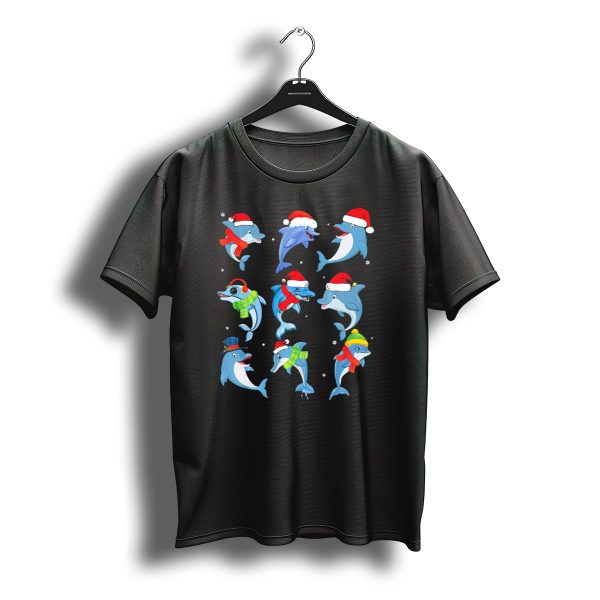 Nine Festive Dolphins In Christmas Costume With Santa Hats T Shirt t shirt 1