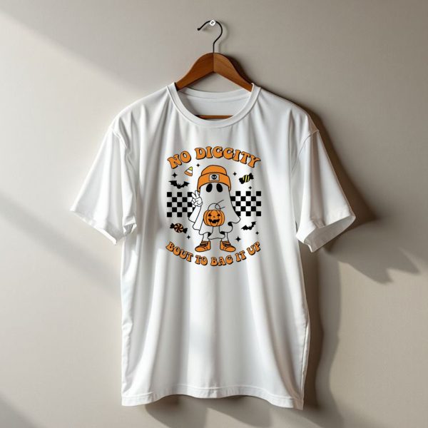 No Diggity Halloween Ghost Bout To Bag It Up With Candy And Pumpkins T Shirt t shirt 1