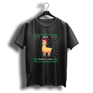 No Probllama Christmas Alpaca With Santa Hat And Holiday Lights T Shirt
