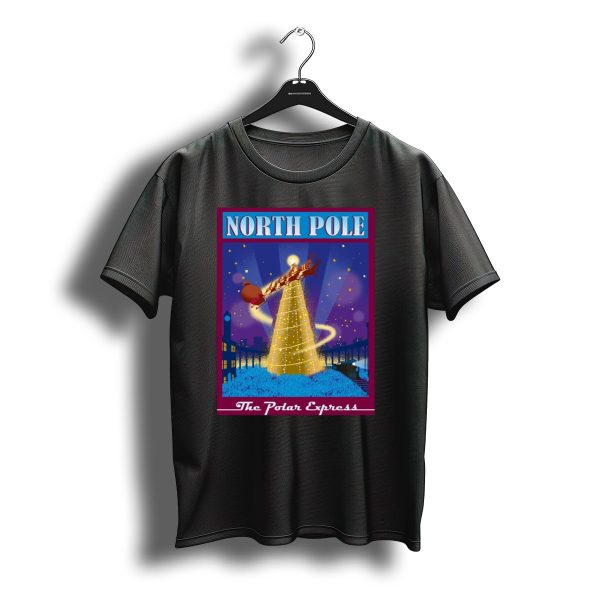 North Pole The Polar Express Santa Sleigh And Christmas Tree Scene T Shirt t shirt 1