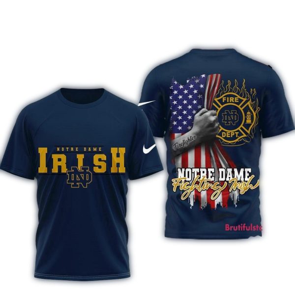 Notre Dame Fighting Irish 2025 NCAA Firefighter American Flag 3D Shirt 1