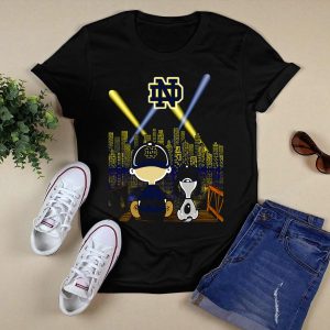 Notre Dame Fighting Irish City Skyline Night Scene With Kids And Dog T-Shirt