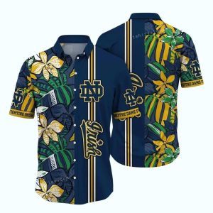 Notre Dame Fighting Irish Floral Flower Leafs Stripe Vintage Hawaiian Shirt