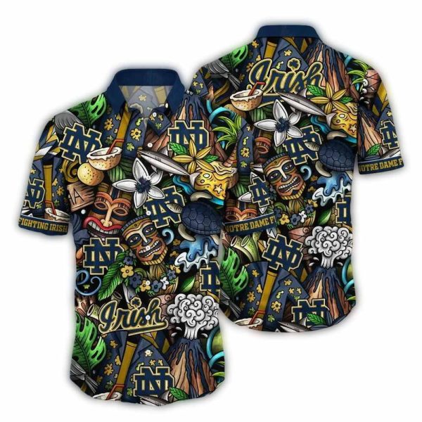 Notre Dame Fighting Irish Floral and Tiki Pattern Hawaiian Shirt 1