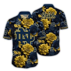 Notre Dame Fighting Irish Flower Gold And Navy Hawaiian Shirt