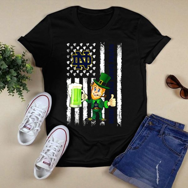 Notre Dame Fighting Irish Leprechaun with Beer and Shamrock Flag T Shirt Black 1