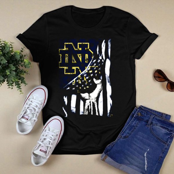 Notre Dame Fighting Irish ND Logo with American Flag Background T Shirt Black 1