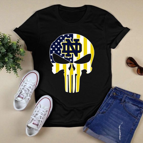 Notre Dame Fighting Irish Nd Skull American Flag T Shirt Black 1
