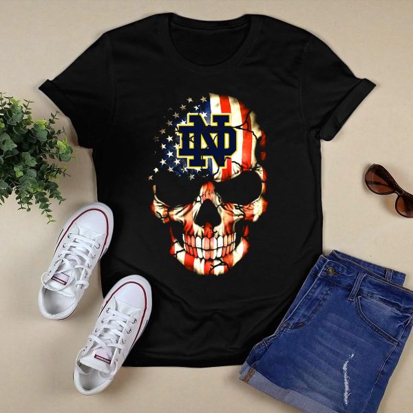 Notre Dame Fighting Irish Skull With American Flag T Shirt Black 1