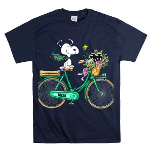 Notre Dame Fighting Irish Snoopy On Bicycle With Flowers And Woodstock T-Shirt