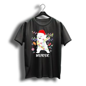 Nurse Bear Santa Hat Dabbing Christmas Lights Snowflakes Gingerbread T-Shirt