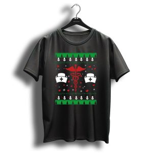 Nurse Christmas Caduceus And Nurse Caps Festive Snowman Hearts T-Shirt