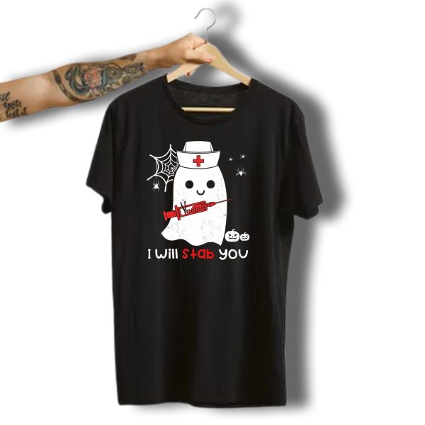 Nurse Ghost I Will Stab You Halloween Spiders Pumpkins T Shirt t shirt 1
