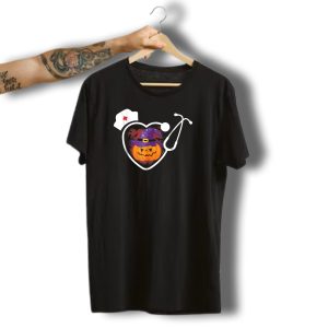 Nurse Halloween Funny Pumpkin Heart Stethoscope Hat Bats T-Shirt