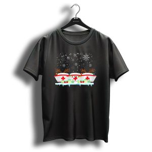 Nurse Hat With Reindeer Antlers And Christmas Lights Snowflakes Gift Boxes T-Shirt