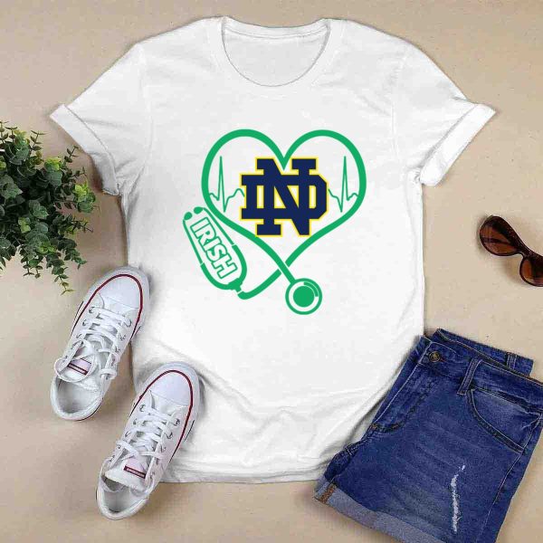 Nurse Love ND Irish Heartbeat Stethoscope Notre Dame Fighting Irish T Shirt 0