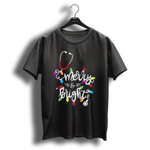 Nurse Stethoscope Merry And Bright Christmas Lights T-Shirt