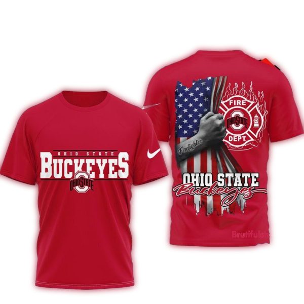 Ohio State Buckeyes 2025 NCAA Firefighter American Flag 3D Shirt 1