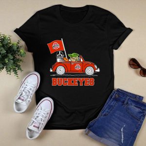 Ohio State Buckeyes Darth Vader Baby Yoda Driving Star Wars Car With Flag T Shirt