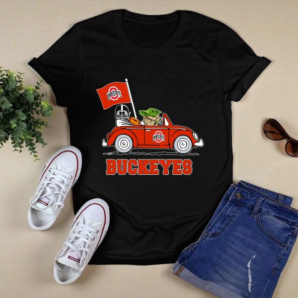 Ohio State Buckeyes Darth Vader Baby Yoda Driving Star Wars Car with Flag T Shirt Black 1