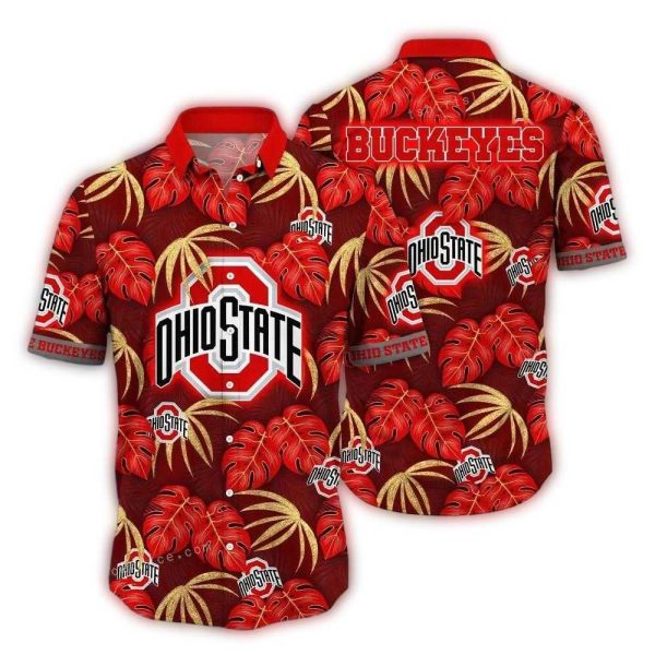 Ohio State Buckeyes Floral Leafs Pattern Hawaiian Shirt 1
