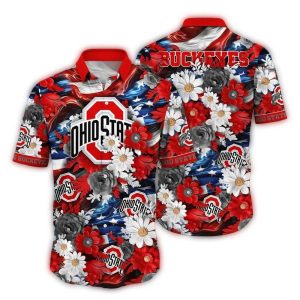 Ohio State Buckeyes Flower And Flag Us Hawaiian Shirt