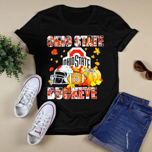 Ohio State Buckeyes Football Autumn Leaves Helmet Pumpkins T Shirt Black 1