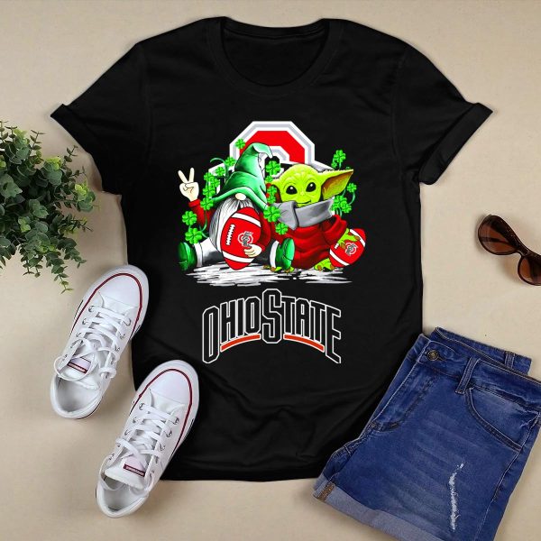 Ohio State Buckeyes Football St Patricks Day Gnome and Yoda with Shamrocks T Shirt Black 1