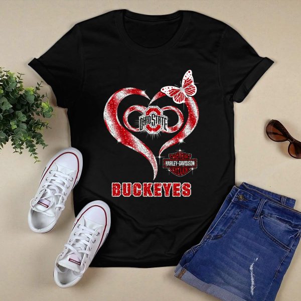 Ohio State Buckeyes Harley Davidson Heart Butterfly T Shirt Black 1