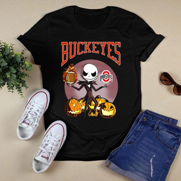 Ohio State Buckeyes Jack Skellington Halloween Football Pumpkins T Shirt Black 1