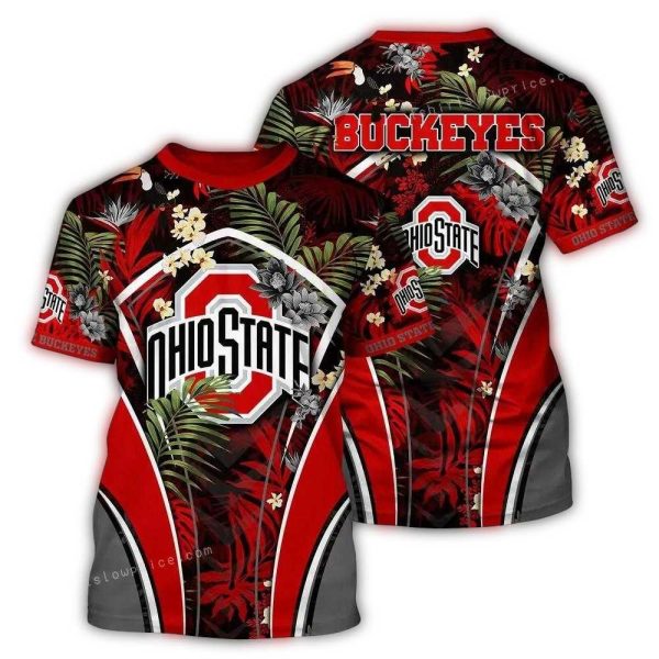 Ohio State Buckeyes Leafs and Flower Pattern AOP T Shirt 1