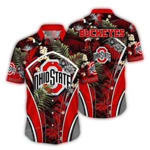 Ohio State Buckeyes Leafs And Flower Pattern Hawaiian Shirt