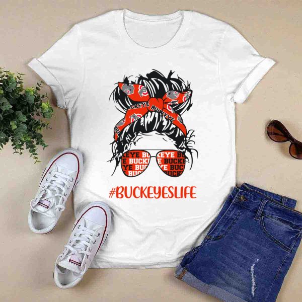 Ohio State Buckeyes Life Messy Bun Girl Headband Glasses BUCKEYESLIFE T Shirt 0