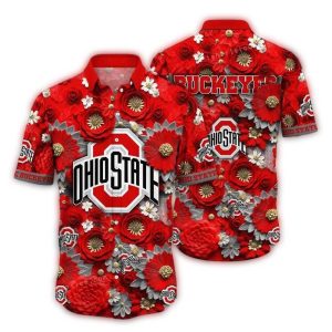 Ohio State Buckeyes Logo Flower Blossom Pattern Hawaiian Shirt