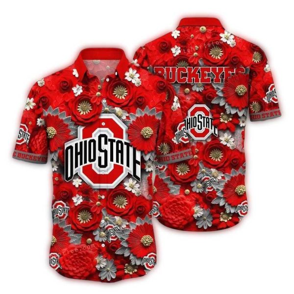 Ohio State Buckeyes Logo Flower Blossom Pattern Hawaiian Shirt 1